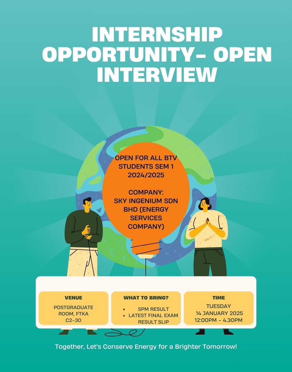 Internship Opportunity - Open Interview by Sky Ingenium Sdn. Bhd. for Bachelor of Engineering Technology (Energy & Environmental) Faculty of Civil Engineering Technology, UMPSA Students Semester I Academic Session 2024/2025 on 14th January 2025