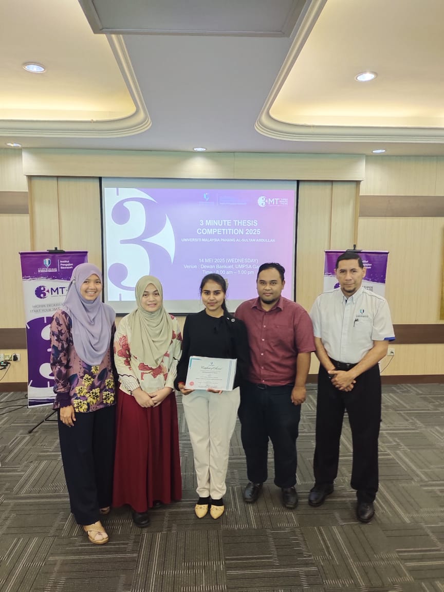 Tahniah diucapkan kepada pelajar Doktor Falsafah FTKA iaitu Kartinie Menon A/P Mohan atas kemenangan TEMPAT PERTAMA Pertandingan 3 Minute Thesis (3MT) 2025 Peringkat UMPSA dengan tajuk “From Waste to Worth” (Kategori Sciences, Technology &amp; Engineering) 