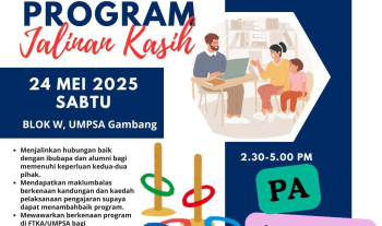 Program Jalinan Kasih Tahun 2025 anjuran Fakulti Teknologi Kejuruteraan Awam, Universiti Malaysia Pahang Al-Sultan Abdullah bagi semua pelajar FTKA yang akan diadakan pada 24 Mei 2025 bertempat di Blok W, UMPSA Kampus Gambang
