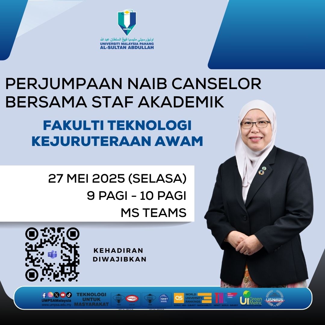 Perjumpaan Naib Canselor Universiti Malaysia Pahang Al-Sultan Abdullah, Prof. Dr. Yatimah Aliah Bersama Staf Akademik Fakulti Teknologi Kejuruteraan Awam, UMPSA secara atas talian pada 27 Mei 2025. Semua staf akademik FTKA dijemput hadir
