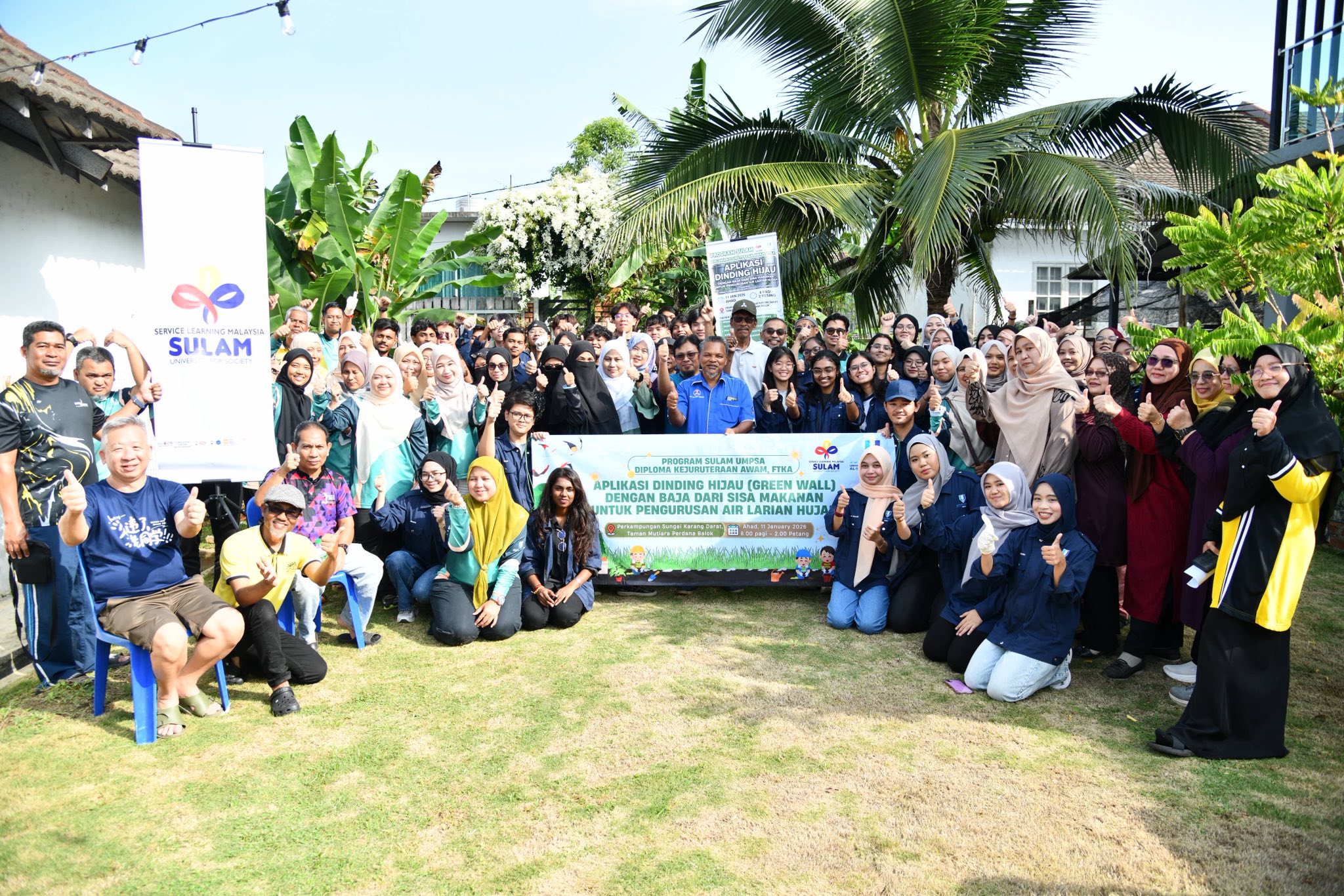 Program SULAM “Aplikasi Dinding Hijau (Green Wall) dengan Baja dari Sisa Makanan untuk Pengurusan Air Larian Hujan” program Diploma Kejuruteraan Awam, FTKA UMPSA bertempat di Perkampungan Sg. Karang Darat, Taman Mutiara Perdana Balok pada 11 Januari 2026