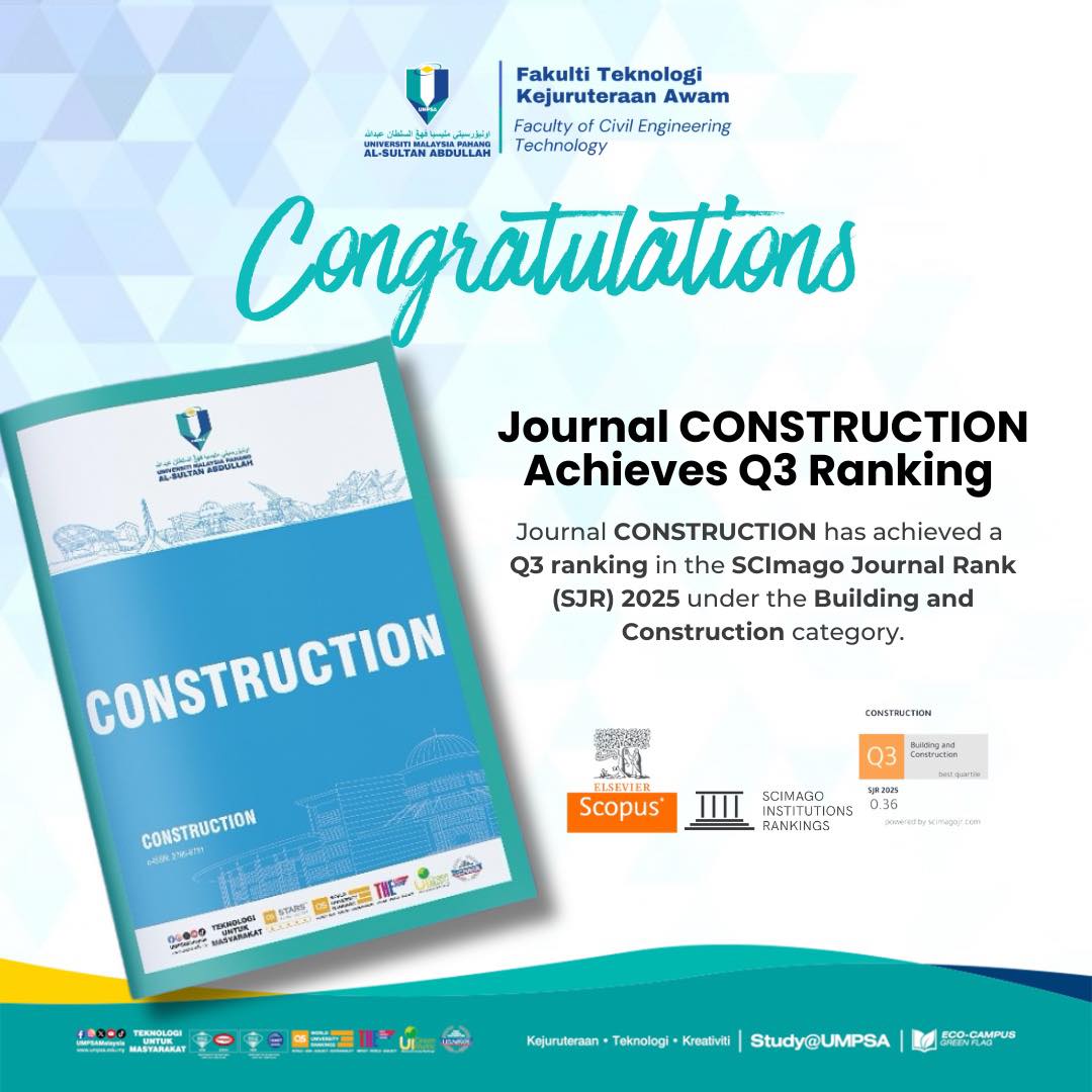 We are proud to announce that the Journal CONSTRUCTION, published by the Faculty of Civil Engineering Technology, UMPSA Malaysia has achieved a Q3 ranking in the SCImago Journal Rank (SJR) 2025 under the Building and Construction category