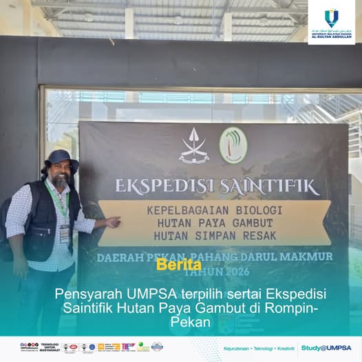 Pensyarah Fakulti Teknologi Kejuruteraan Awam, UMPSA Ir. Ts. Dr. Youventharan Duraisamy terpilih untuk mengetuai penyertaan teknikal dalam program Ekspedisi Saintifik – Kepelbagaian Biologi Hutan Paya Gambut, Hutan Simpan Resak pada 9 hingga 13 Mei 2026
