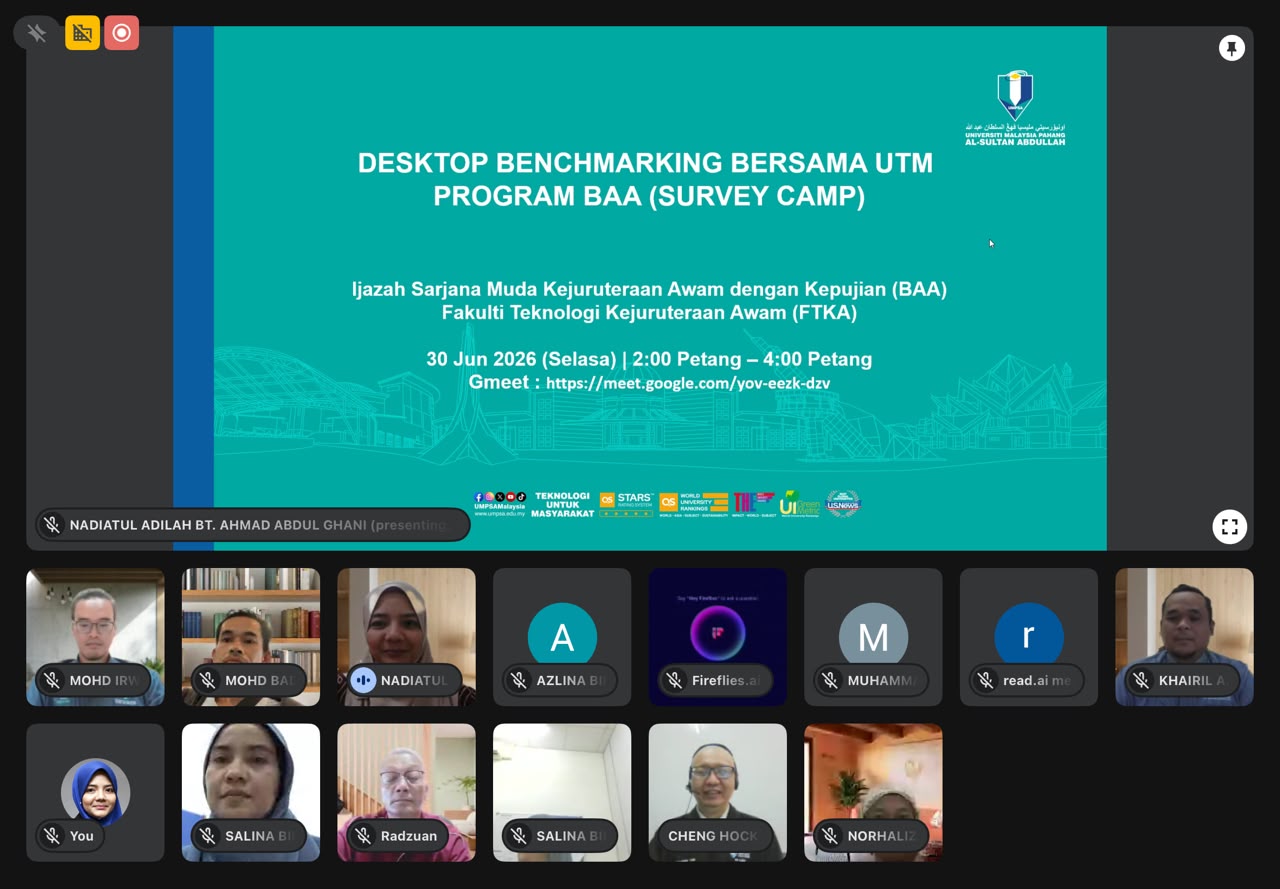 FTKA, UMPSA telah mengadakan sesi desktop benchmarking dengan pihak UTM bagi Program Sarjana Muda Kejuruteraan Awam dengan Kepujian dan memberi fokus kepada pelaksanaan komponen subjek teras BAA1411 Engineering Survey Camp