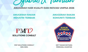 Setinggi-tinggi tahniah kepada penerima Anugerah Rakan Industri Terbaik (PMT Solutions Consult Sdn. Bhd.) &amp; Anugerah Rakan Komuniti Terbaik (KRT Taman Mutiara Perdana) menerima pengiktirafan sempena Hari Kualiti dan Inovasi UMPSA 2026 pada 19 Jun 2026 