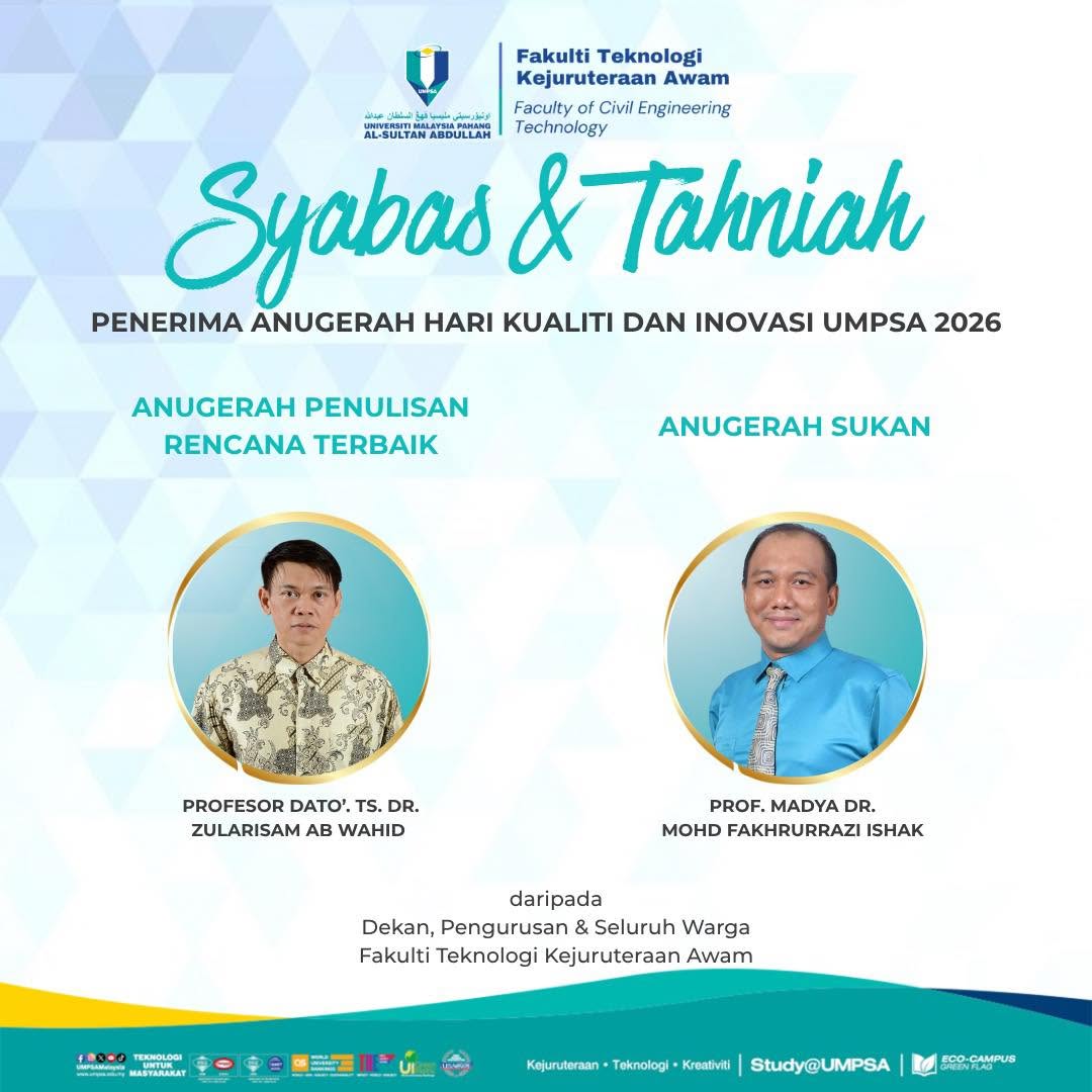 Setinggi-tinggi tahniah kepada semua penerima Anugerah Penulisan Rencana Terbaik &amp; Anugerah Sukan yang telah menerima pengiktirafan sempena Hari Kualiti dan Inovasi UMPSA 2026 pada 19 Jun 2026 bertempat di Dewan Serbaguna UMPSA Pekan