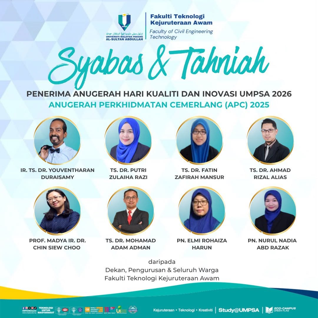 Setinggi-tinggi tahniah kepada semua penerima Anugerah Perkhidmatan Cemerlang (APC) yang telah menerima pengiktirafan sempena Hari Kualiti dan Inovasi UMPSA 2026 pada 19 Jun 2026 bertempat di Dewan Serbaguna UMPSA Pekan