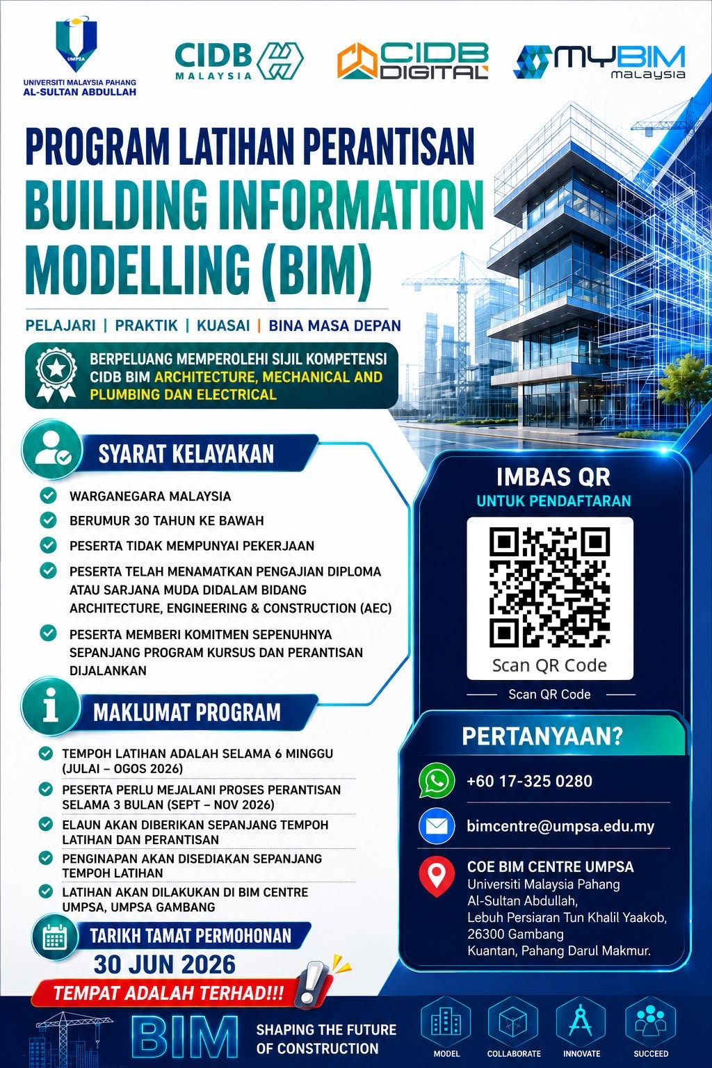 Applications are now open for the BIM Apprenticeship Training Programme at UMPSA, offering graduates in the Architecture, Engineering and Construction (AEC) field the opportunity to gain industry-ready skills, hands-on experience and a CIDB BIM Competency