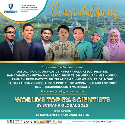 Fakulti Teknologi Kejuruteraan Awam, Universiti Malaysia Pahang Al-Sultan Abdullah merakamkan setinggi-tinggi tahniah kepada tujuh (7) orang penyelidik FTKA yang telah disenaraikan dalam World’s Top 5% Scientists by SciRank Global 2025 