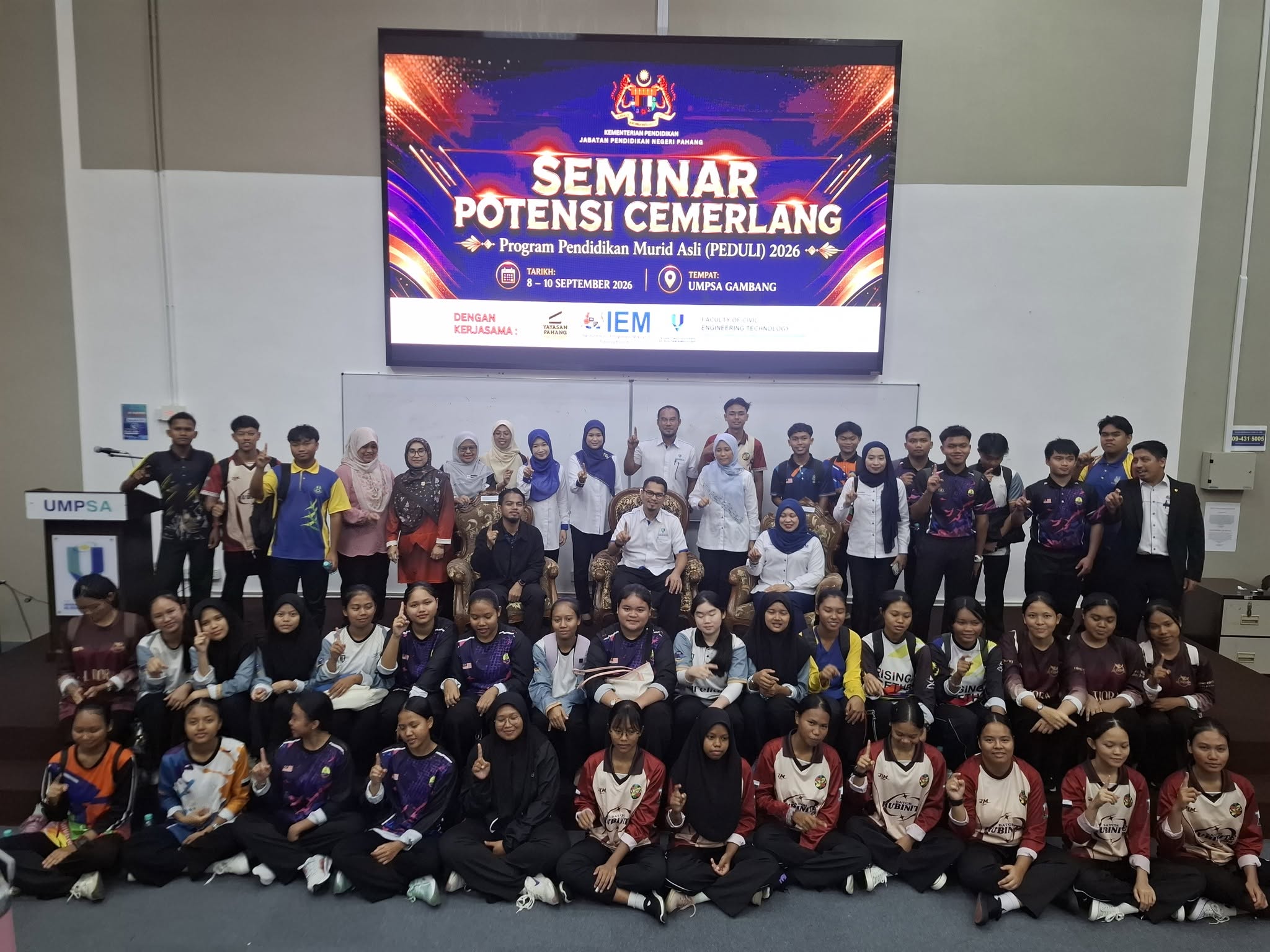 FTKA, UMPSA dengan kerjasama JPN Pahang &amp; IEM Pahang serta ditaja oleh Yayasan Pahang &amp; IEM Pahang telah menganjurkan Program Aspirasi SPM &amp; Kerjaya Bersama Murid Asli Cemerlang Daerah Rompin (PEDULI) pada 8-10 Sept 2026 di UMPSA Kampus Paya Besar