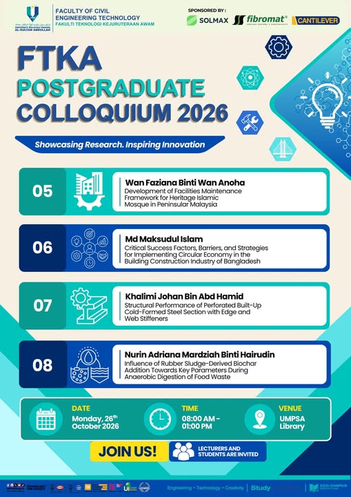 The FTKA, UMPSA Postgraduate Colloquium 2026 will be held on 26 October 2026 (Monday) at the UMPSA Library, providing a platform for postgraduate students to present their research progress, exchange knowledge and engage in academic discussions